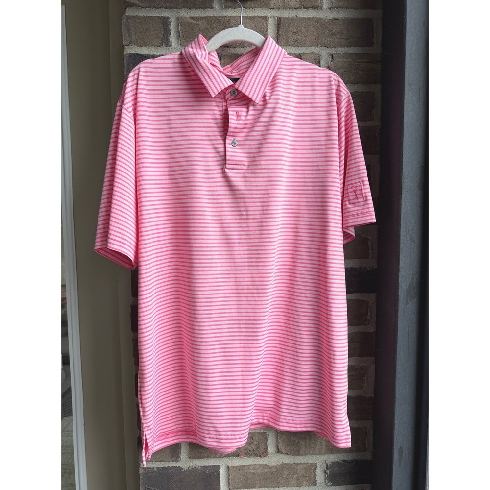 PGA Tour Mens Salmon White Striped Short Sleeve Golf Polo Shirt Size Large